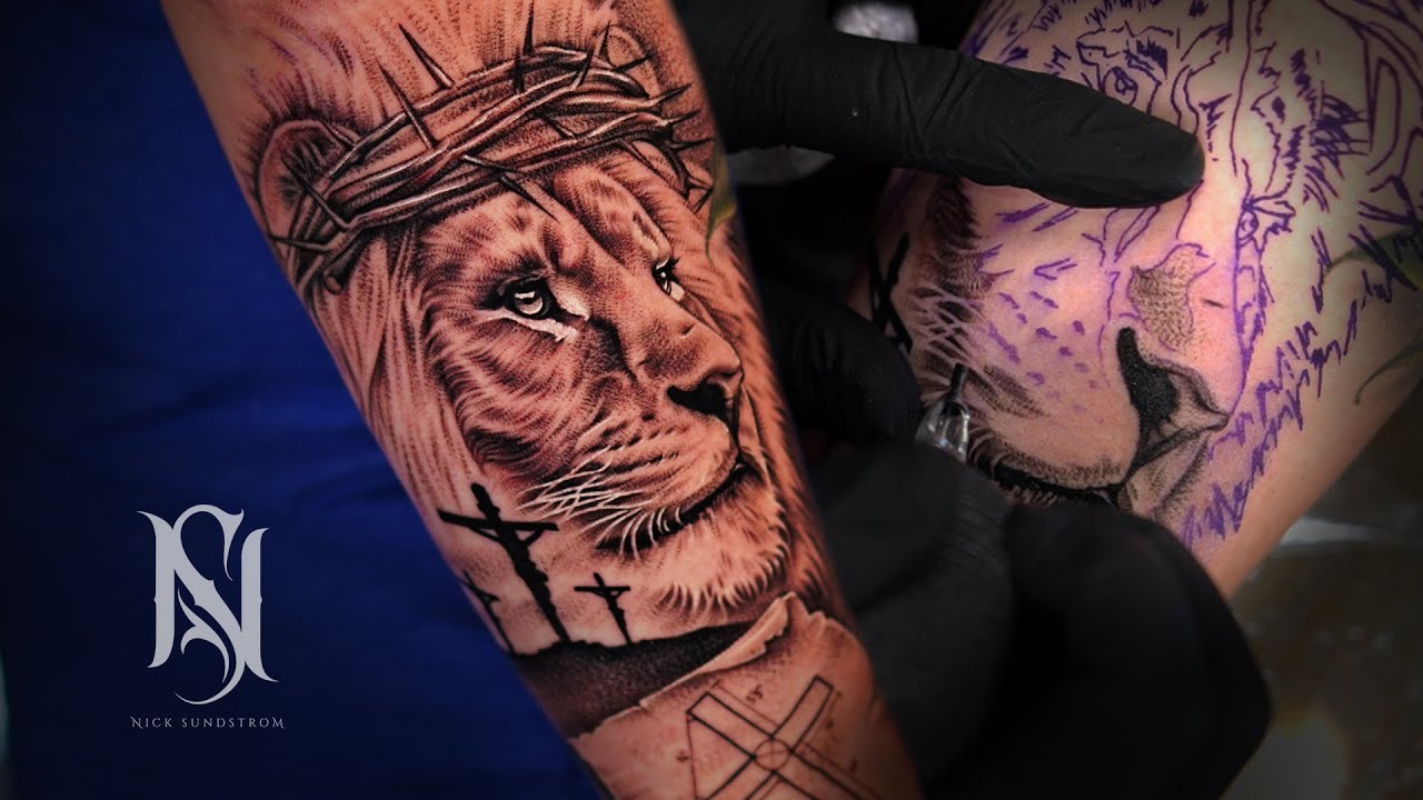 Lion & Crown of Thorns Tattoo Time Lapse | Nick Sundstrom