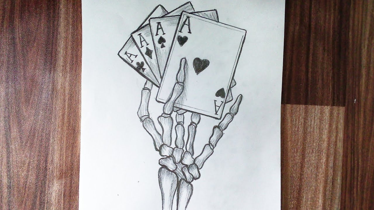 How To Draw Skeleton Hand Holding Ace's Cards || Tattoo Drawing Tutorial