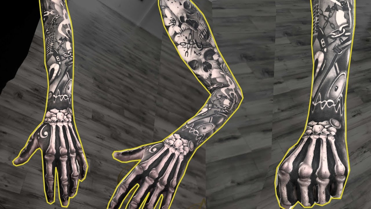 12. Free hand skeleton tattoo on the most insane sleeve done!