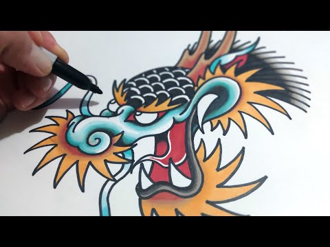 How To Draw a Traditional Dragon Head TATTOO STYLE!!!