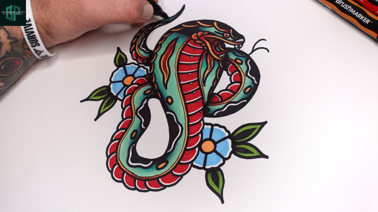 Learn How to Draw an Old School Cobra Snake Tattoo Design