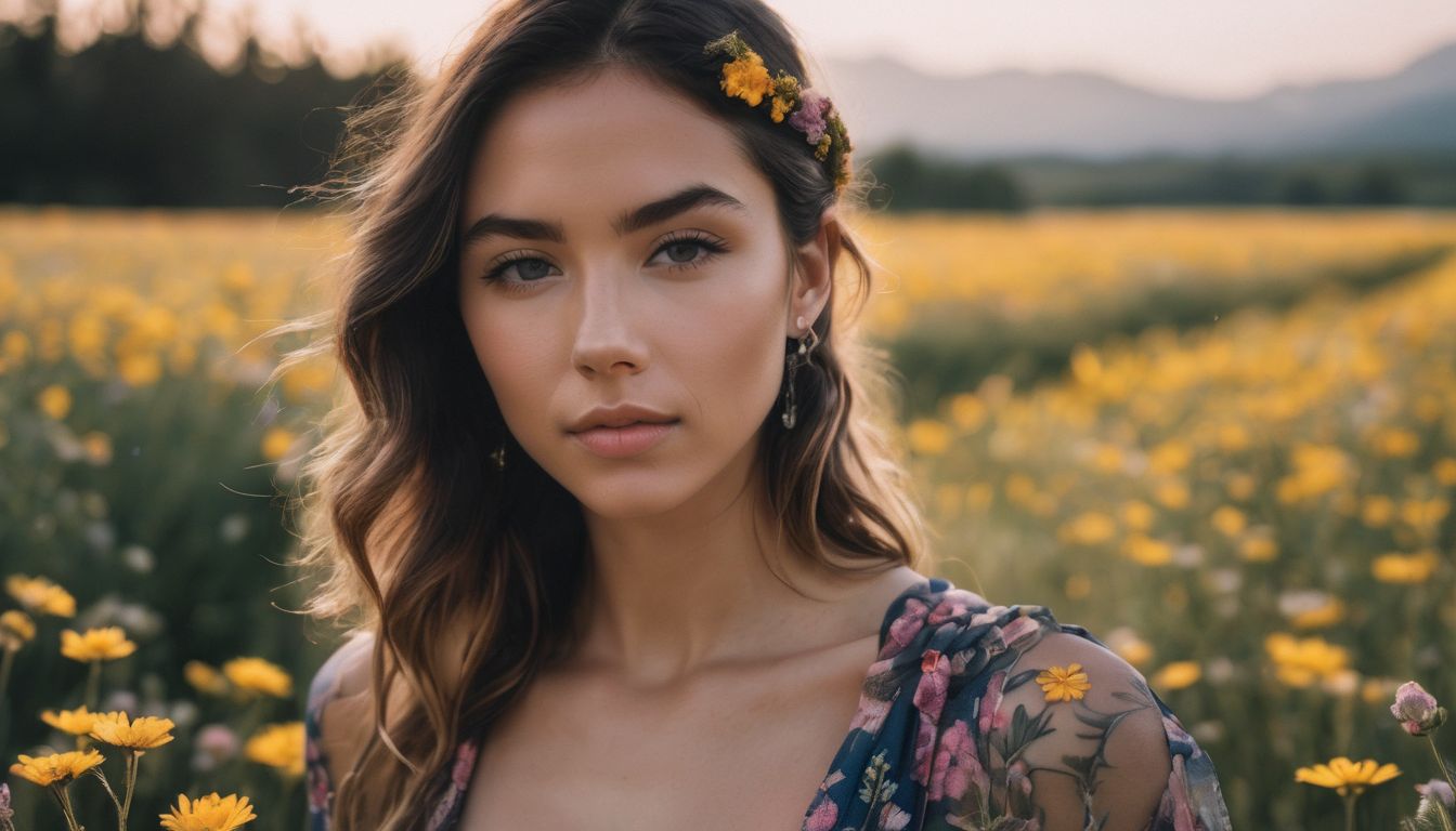 A woman with a small leg tattoo standing in a field of flowers.