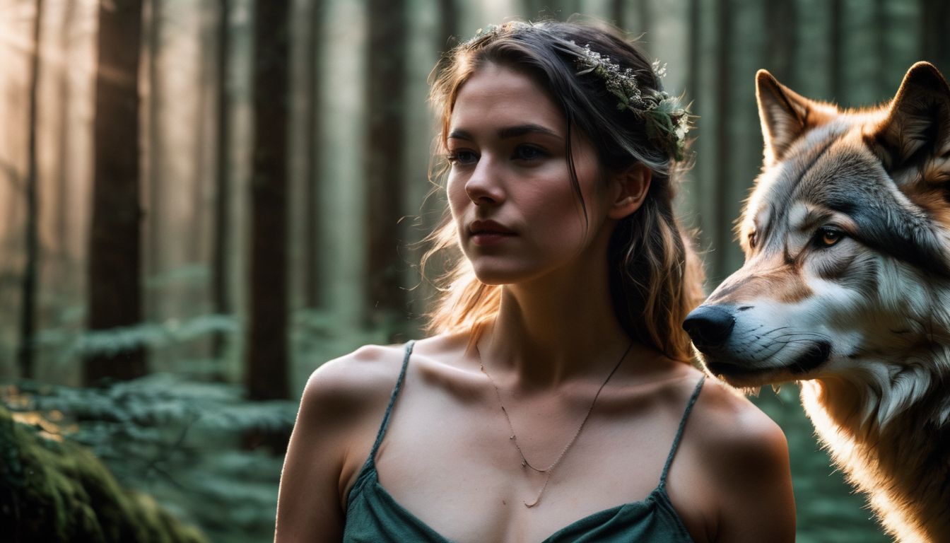 A person with a wolf hand tattoo standing in a mystical forest.